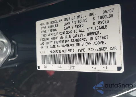 2007 Honda Accord 2.4 Lx from USA, damaged, VIN 1HGCM72327A015512